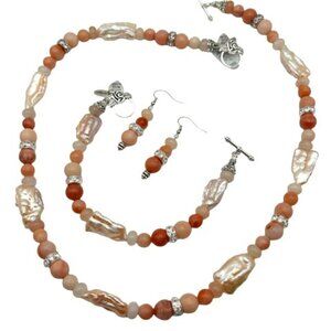 Handmade Jewelry Set - Flower Agate, Peach Aventurine, Keishi Pearl & Rhinestone